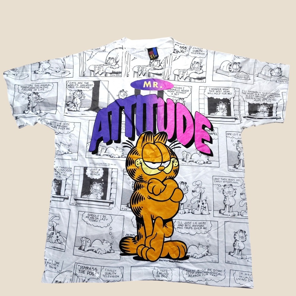 Vintage Garfield Sun AOP White Comic Strip T-Shirt Mens XL White Newspaper